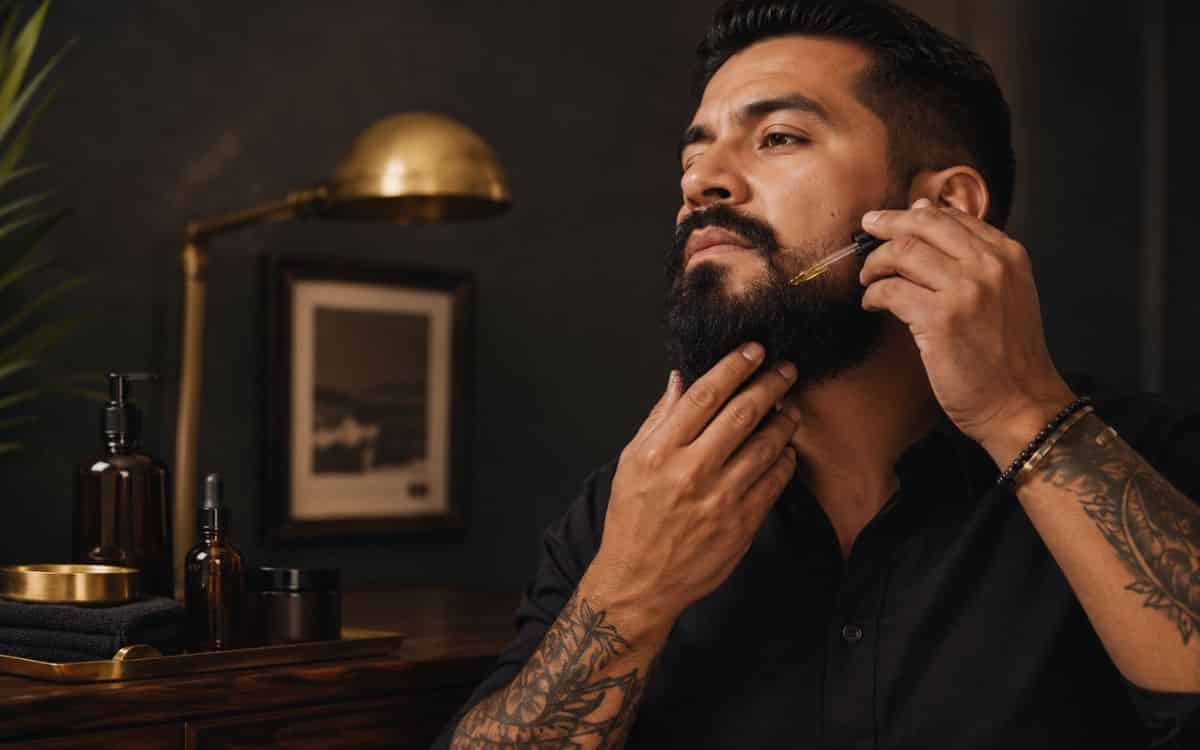 Hombre aplicando aceite a su barba bien cuidada